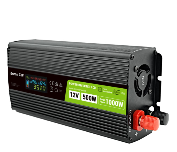 Green Cell PowerInverter LCD 12V 500W/1000W (LCD, czysty sinus) - 1211810 - zdjęcie